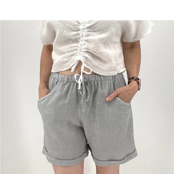 Meo Meli Pants - MEO MELI Linen Shorts Cuffed Pull on Pockets Light Gray OS NWOT